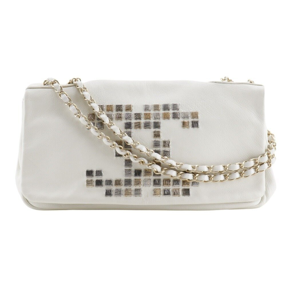 CHANEL White Lambskin Leather Logo Shoulder Bag